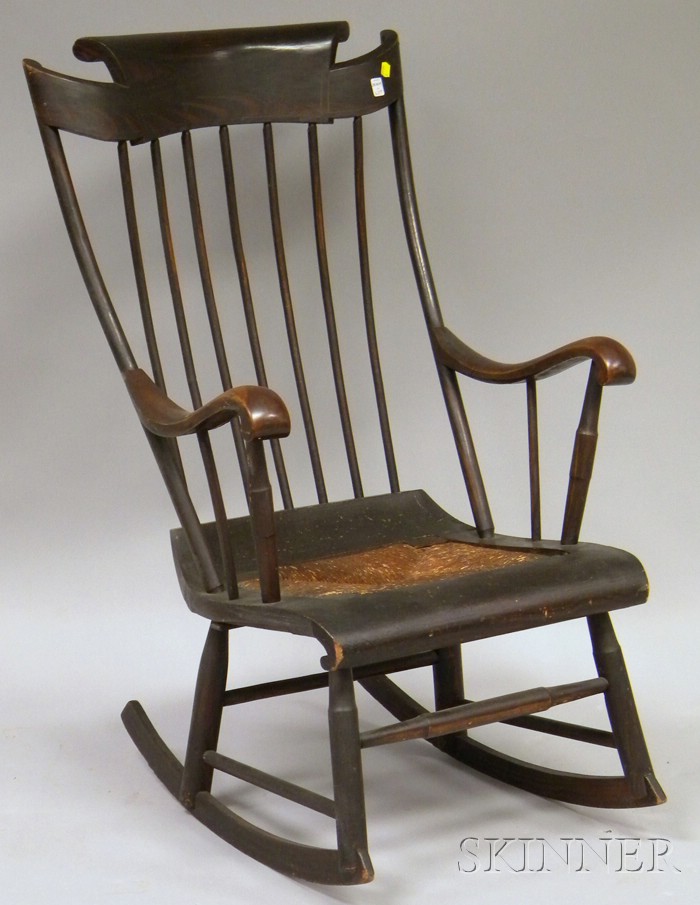 Appraisal: Empire Grained and Paint-decorated Armrocker with Woven Rush Inset Seat