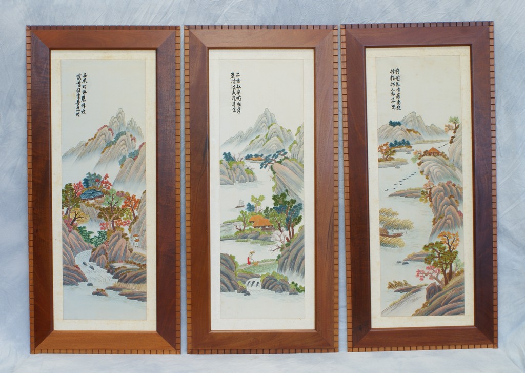 Appraisal: Chinese silk embroideries in Frank Lloyd Wright inspired hand made