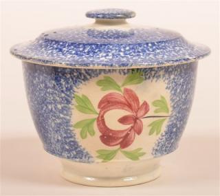 Appraisal: Blue Spatter Rose Pattern Covered Sugar Bowl Blue Spatter Rose