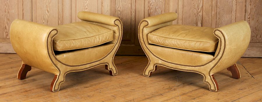 Appraisal: PAIR CURULE FORM LEATHER BENCHES BY CENTURY A pair of