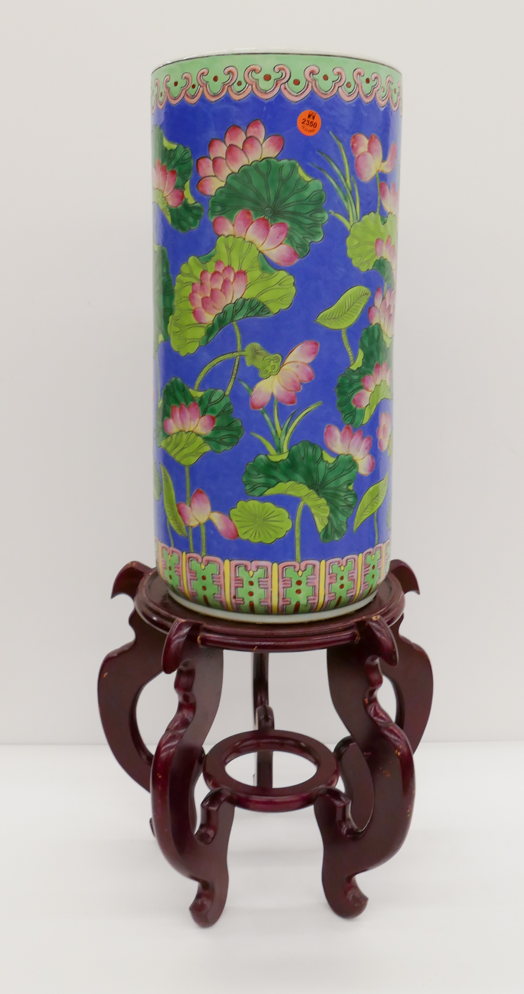 Appraisal: Chinese Lotus Porcelain Umbrella Stand on Stand- x ''