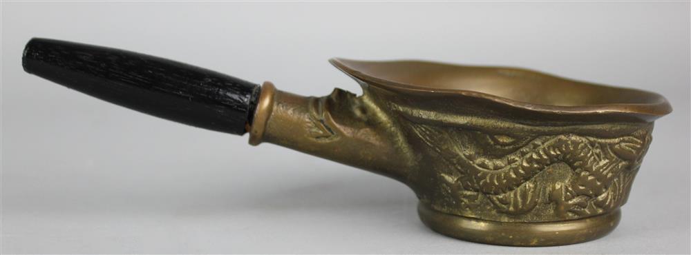 Appraisal: CHINESE BRONZE POURING VESSEL WITH TURNED WOOD HANDLE of archaistic