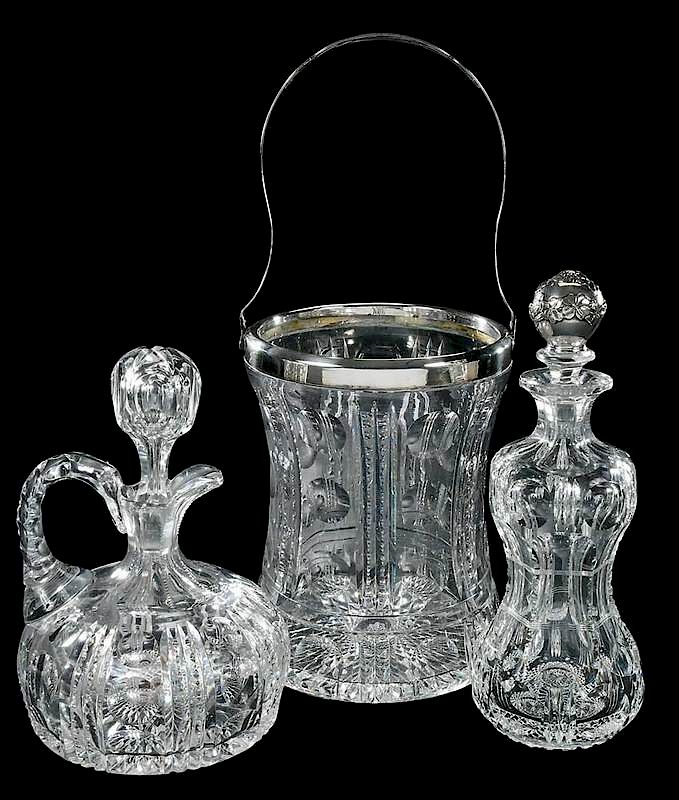 Appraisal: Cut Glass Pairpoint Decanters Ice Bucket Boston pattern ship's decanter