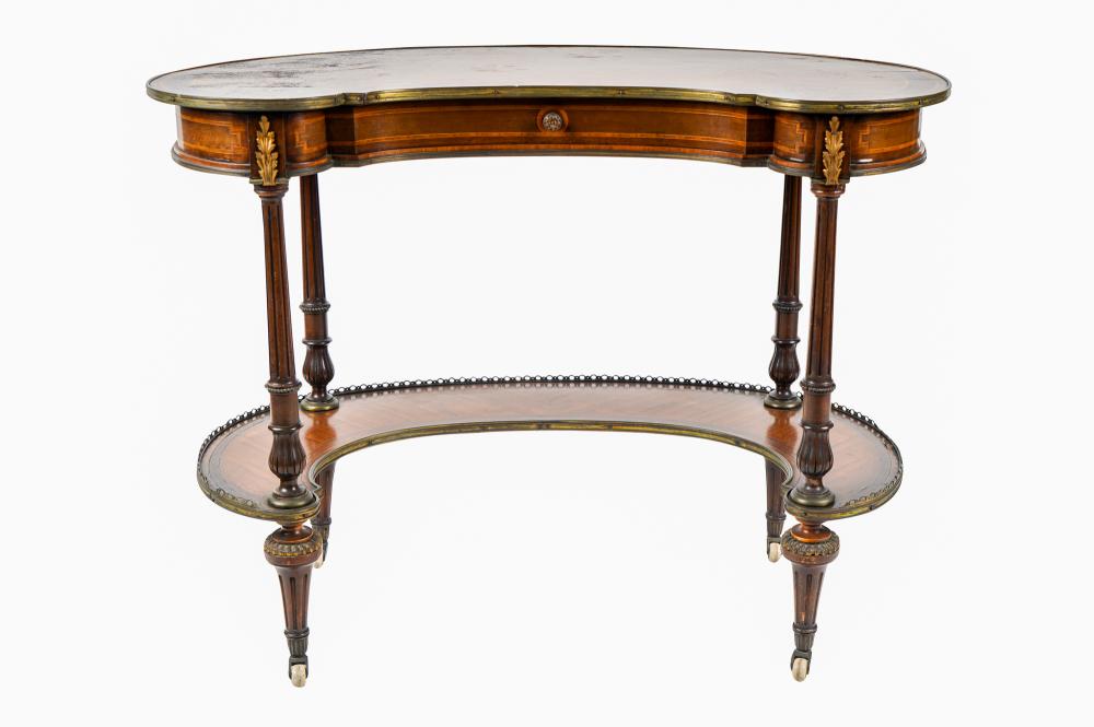 Appraisal: FRENCH GILT METAL-MOUNTED WALNUT MARQUETRY-INLAID TABLEthe kidney-shaped top with parquetry