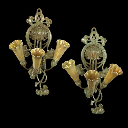 Appraisal: Pair of Buffalo Studios California Three-Light Sconces composed of bronzed