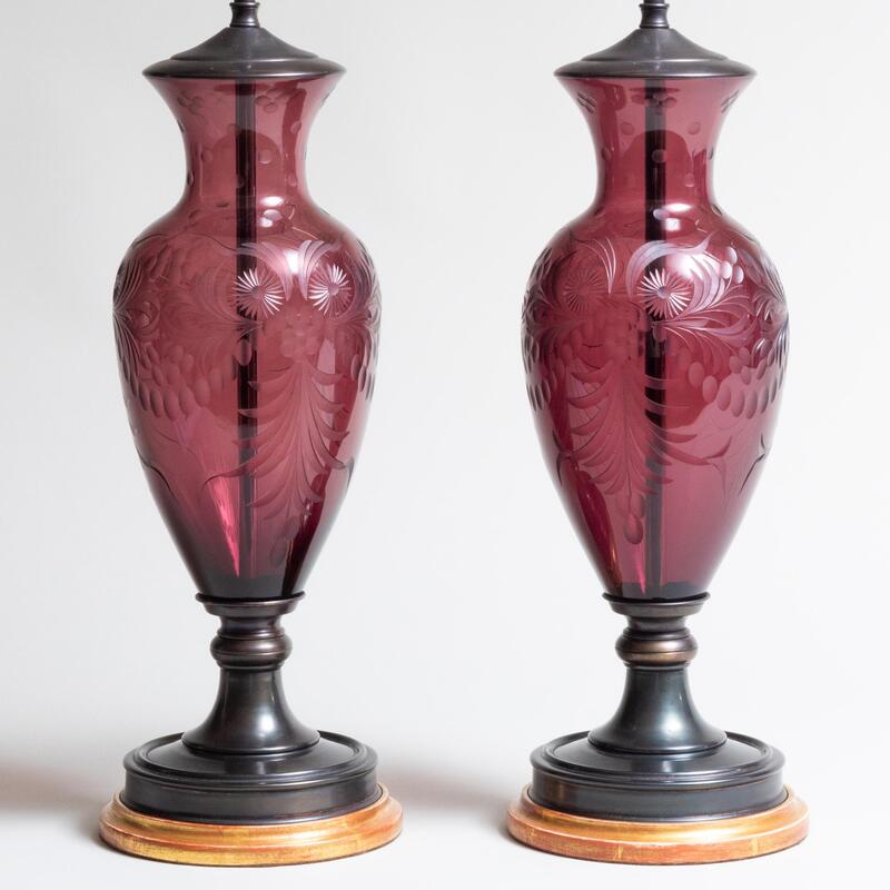 Appraisal: Pair of Etched Amethyst Glass Lamps x in diam Condition