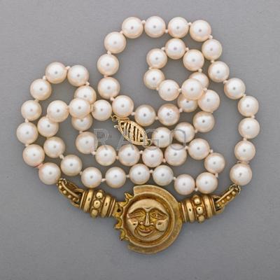 Appraisal: K GOLD CULTURED PEARL CELESTIAL MOTIF NECKLACE Matte gold panel