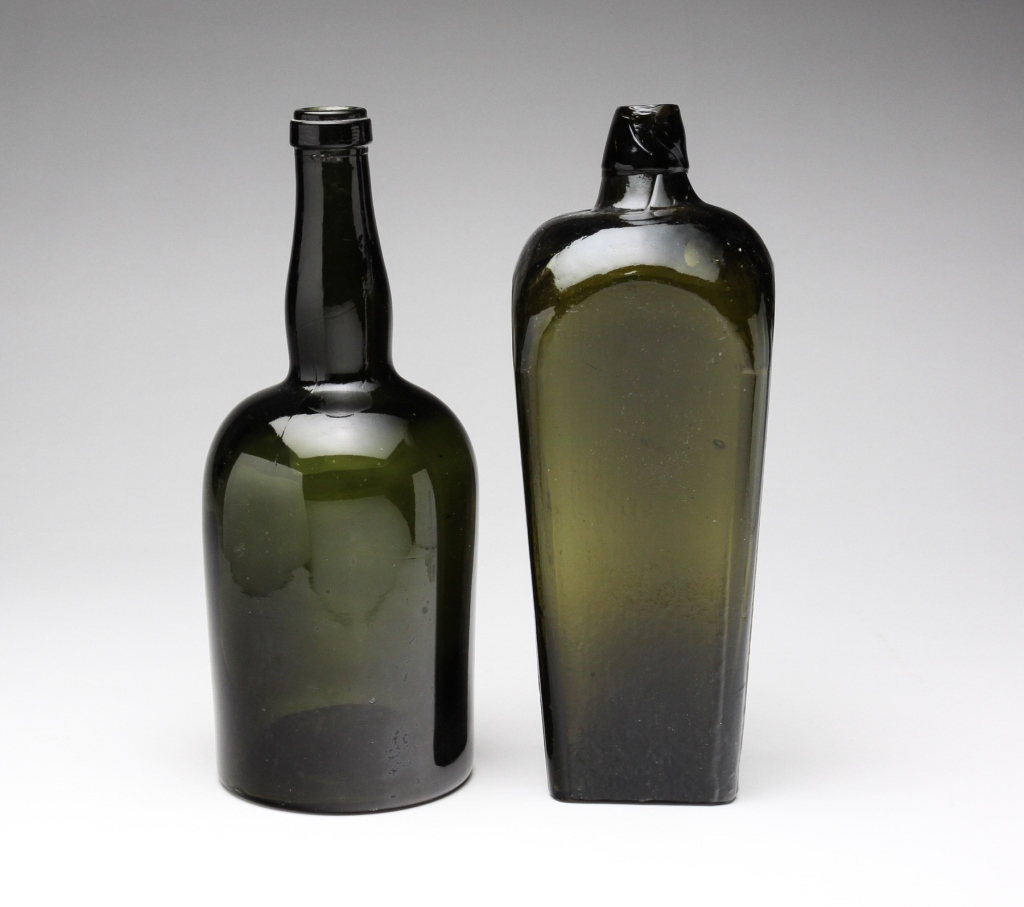 Appraisal: Nineteenth century Mold blown bottles with applied lips Olive green