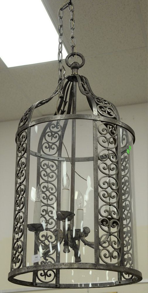 Appraisal: Iron and curved glass chandelier with lights ht dia Iron