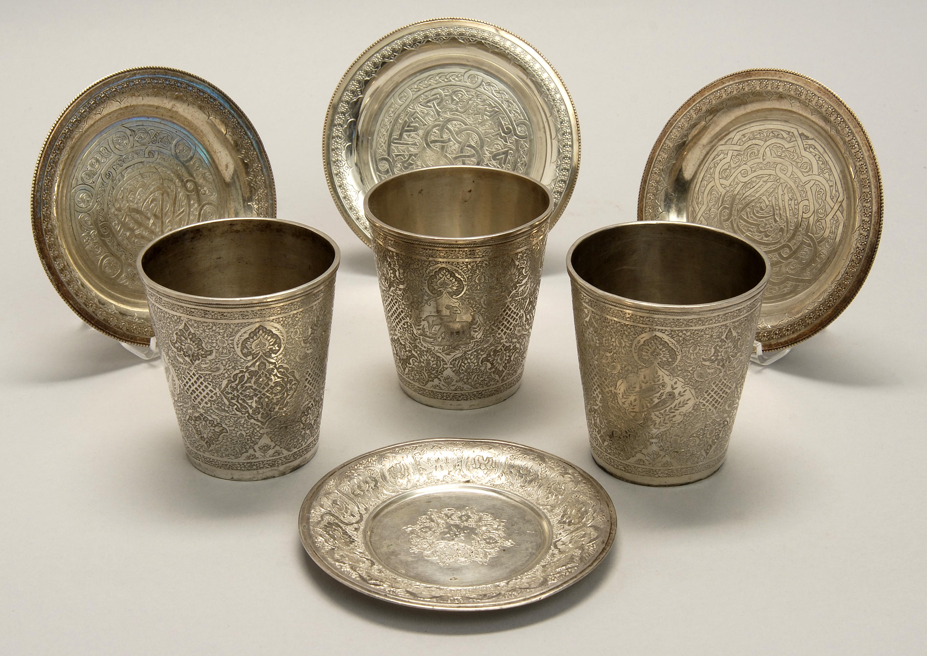 Appraisal: THREE -FINE SILVER TURKISH HANDLESS CUPS WITH UNDERTRAYS Each with