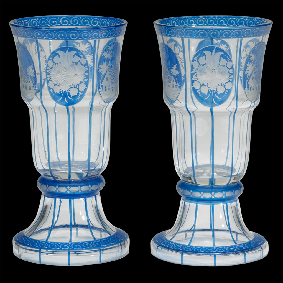 Appraisal: Pair of Bohemian Blue Enameled and Engraved Glass Beakers early