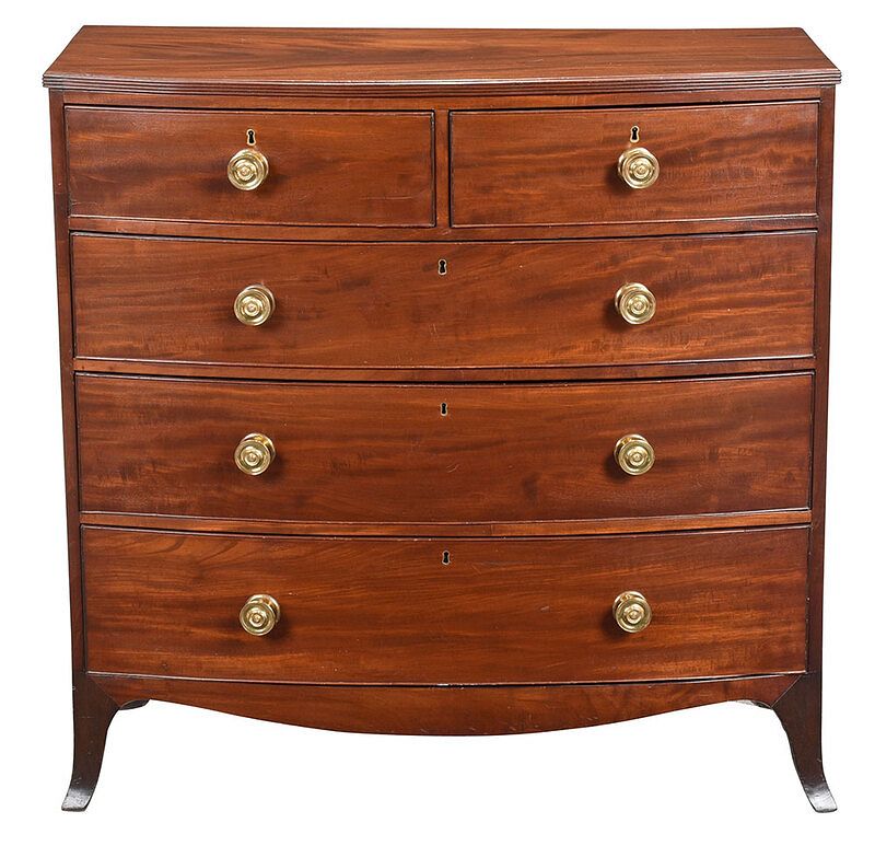 Appraisal: Georgian Figured Mahogany Five Drawer Chest British th century dovetailed