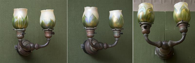 Appraisal: SET OF THREE PATINATED POT METAL AND FAVRILE GLASS TWO-LIGHT