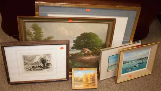 Appraisal: Four framed oil paintings cat lithograph and a framed print