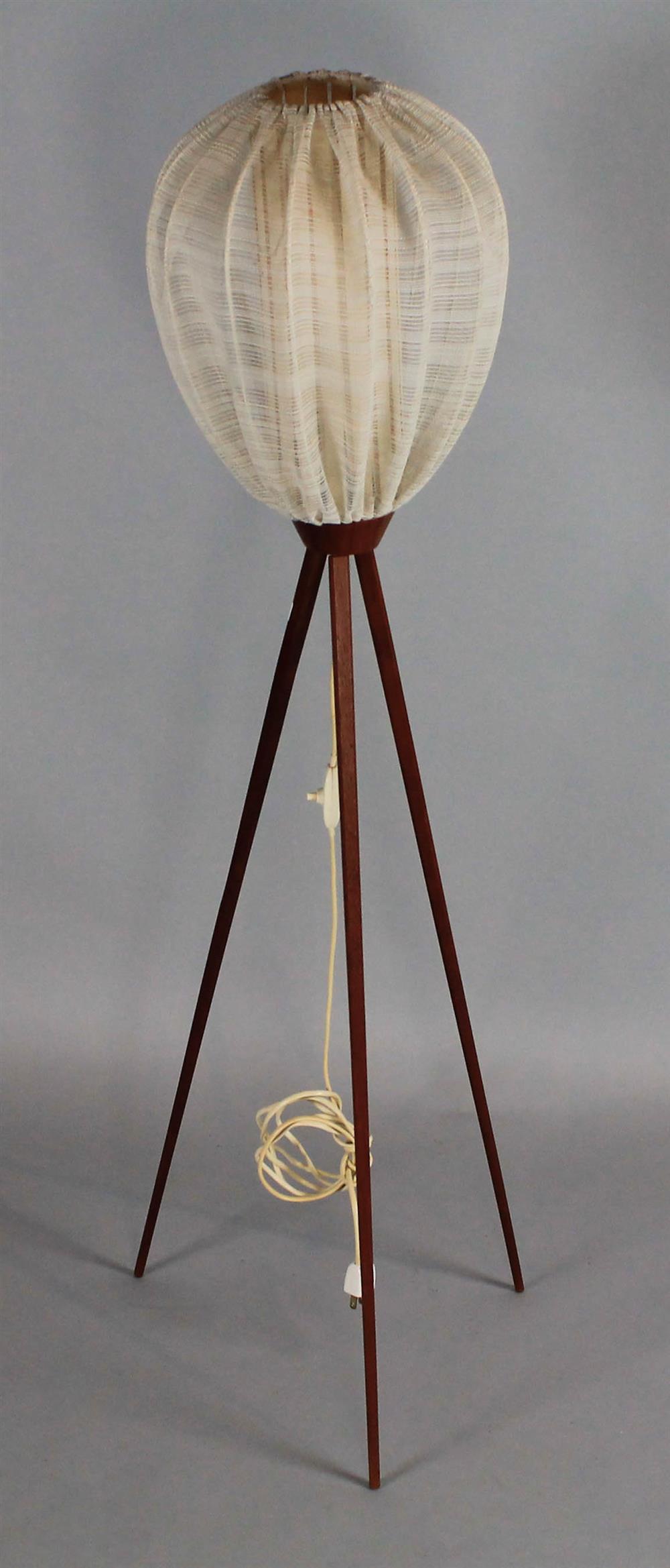 Appraisal: DANISH MODERN TRIPOD FLOOR LAMP teak tripod base with fabric