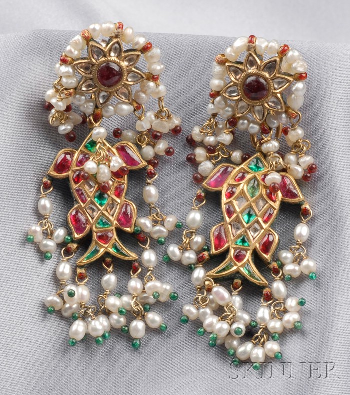 Appraisal: High-Karat Gold Enamel and Gem-set Earpendants India the shaped drops