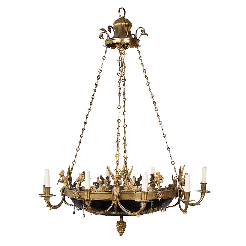 Appraisal: Empire Gilt and Patinated-Bronze Eight-Light Chandelier Circa The dished circular