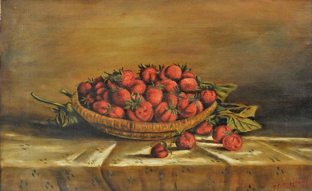 Appraisal: C Primitive Still Life Painting of Strawberries United States th