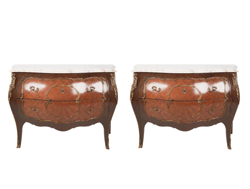 Appraisal: PAIR LOUIS XV-STYLE MARBLE-TOP PARQUETRY COMMODESafter each stamped Soriano Espana