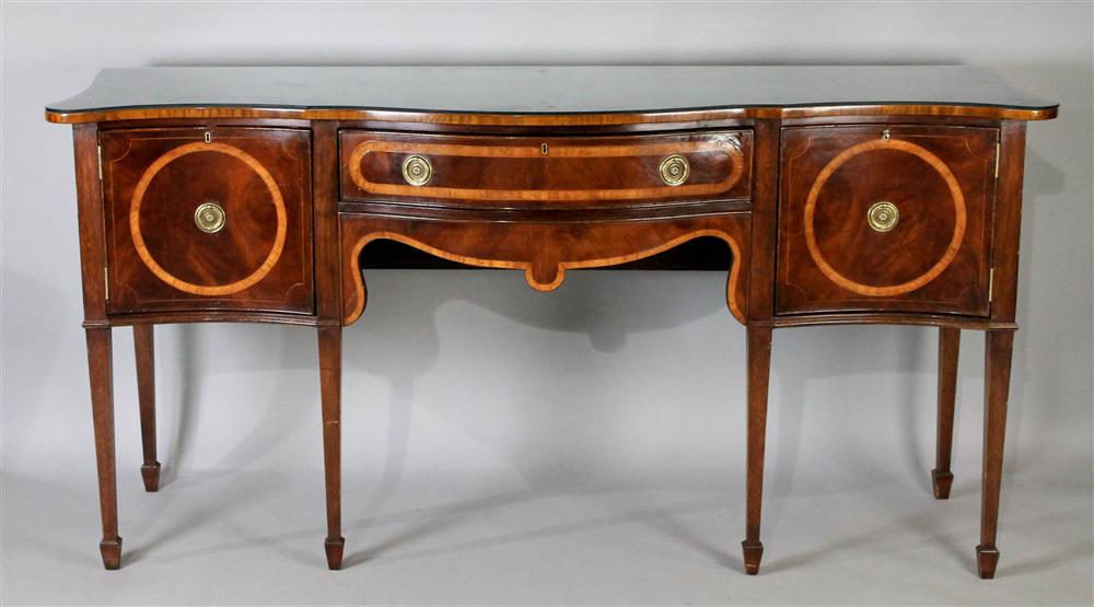 Appraisal: GEORGE III STYLE MAHOGANY SERPENTINE INLAID SIDEBOARD th C serpentine