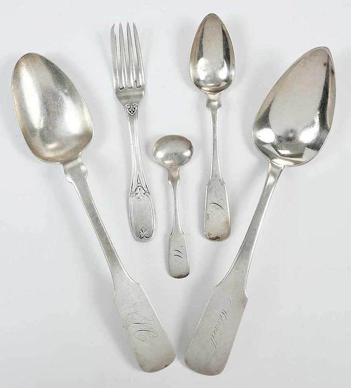 Appraisal: Pieces Coin Silver Flatware American mid th century most fiddle