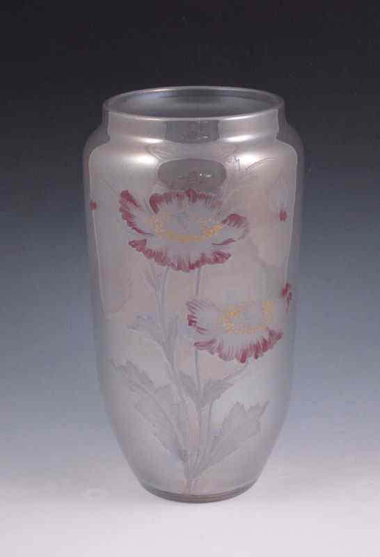 Appraisal: SINCLAIR ETCHED GLASS VASE High gloss iridescent glass etched in