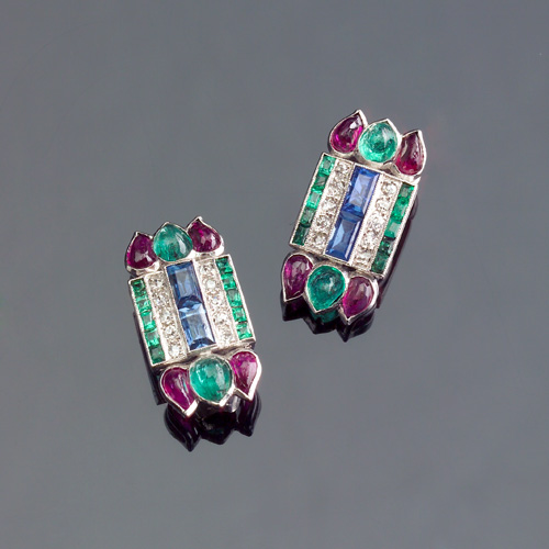 Appraisal: ART DECO Platinum earrings with mine-cut diamonds rubies sapphires and