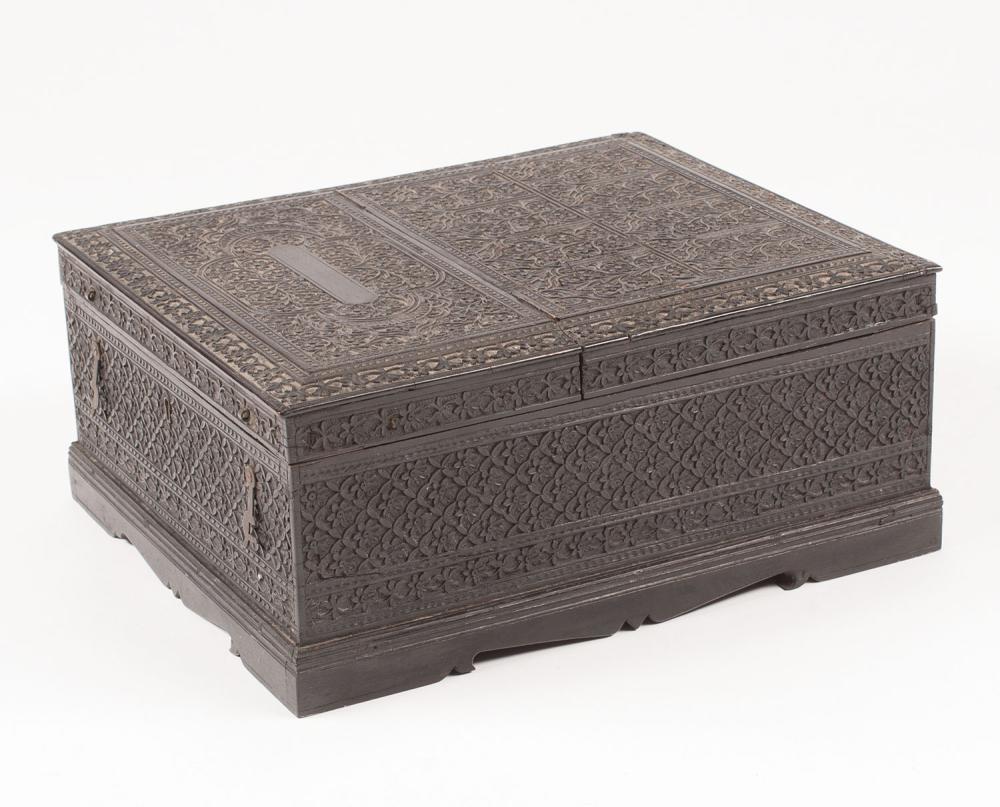 Appraisal: Antique Anglo-Indian Highly Carved and Ebonized Dressing Box divided hinged