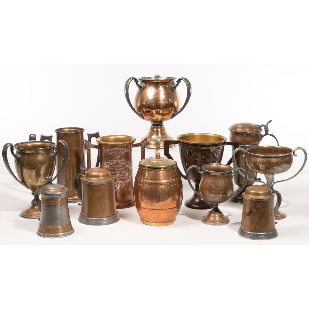 Appraisal: PRESENTATION TROPHY ASSORTMENT items including brass bronze pewter mugs and