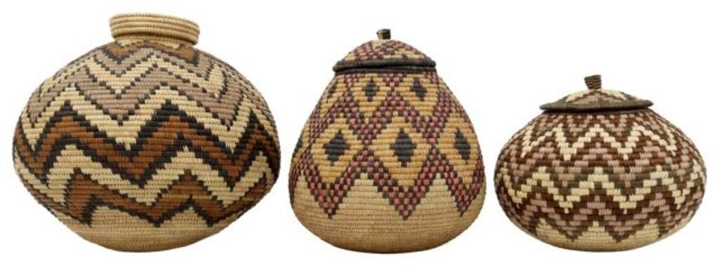 Appraisal: lot of African woven lidded storage baskets Zulu various polychrome