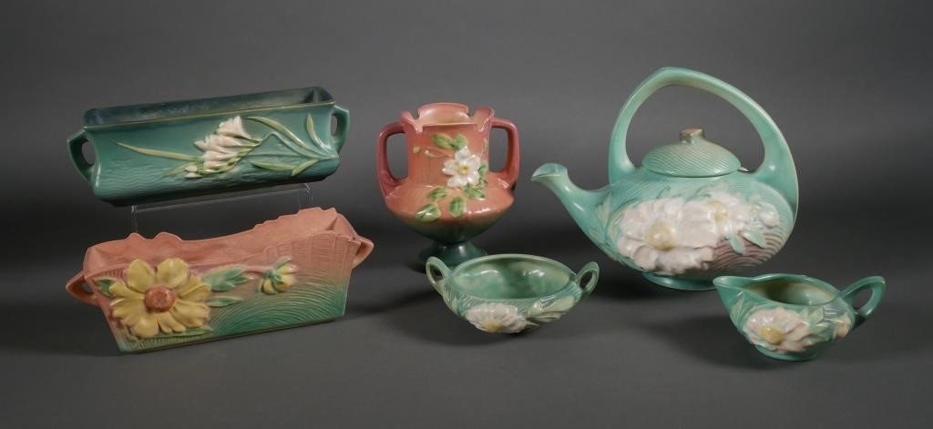 Appraisal: Roseville Pottery Lot Pieces - - - Peony set teapot