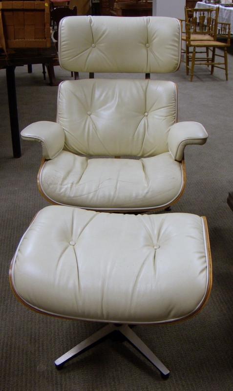 Appraisal: Eames-style White Leather Upholstered Laminated Wood Lounge Chair and Ottoman