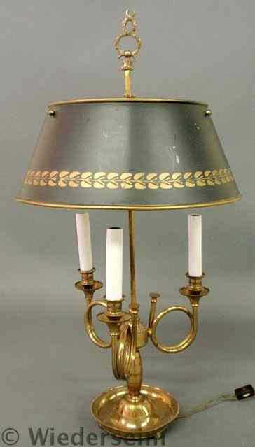 Appraisal: Brass three-arm hunting horn lamp with gilt decorated black metal