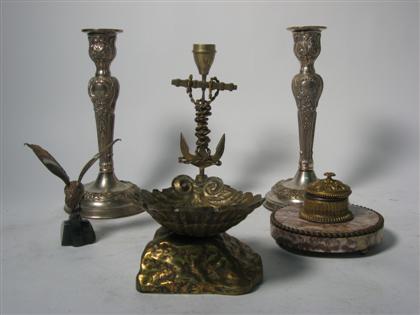 Appraisal: Six piece assorted brass and silverplate group Including a small