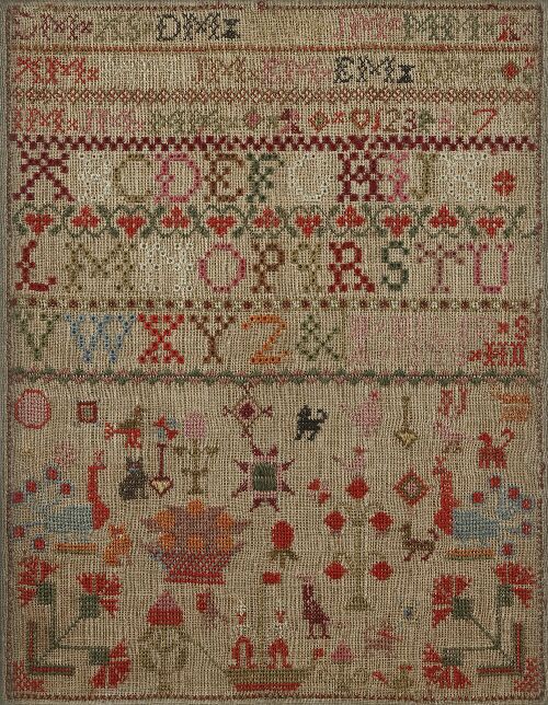 Appraisal: A th century framed wool sampler worked in coloured threads