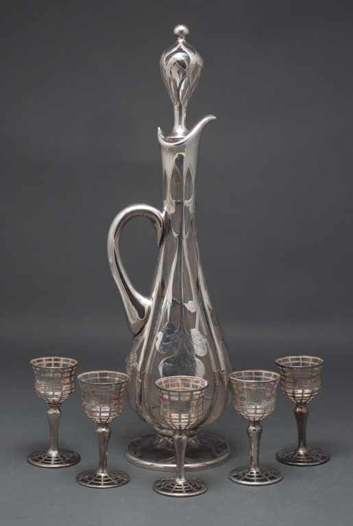 Appraisal: American probably Alvin silver overlay glass ewer and five silver