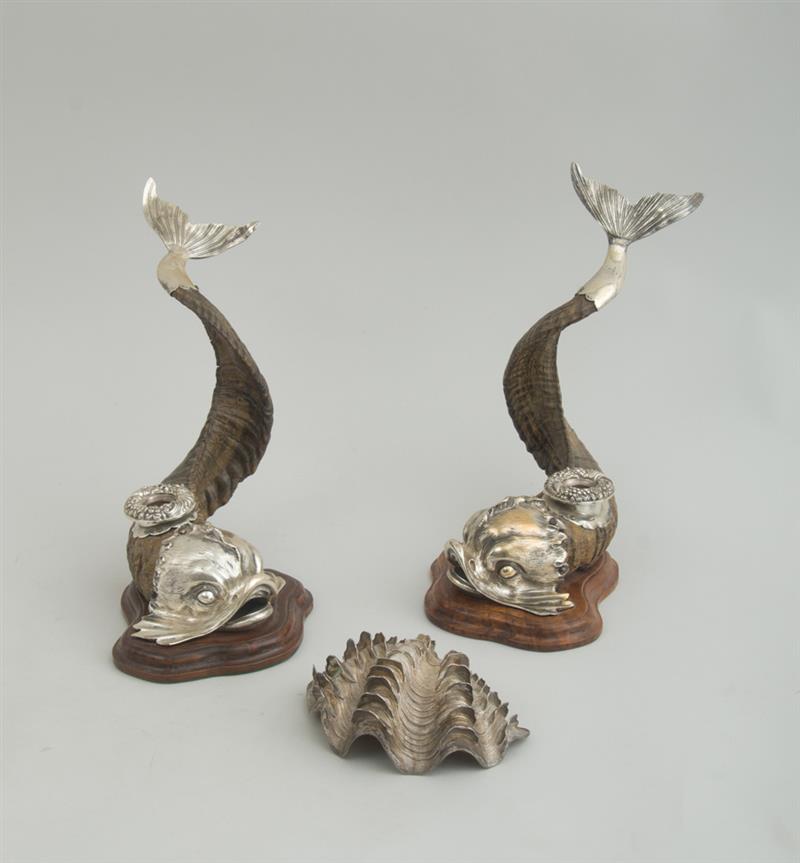 Appraisal: PAIR OF ENGLISH SILVER-PLATE MOUNTED-HORN DOLPHIN CANDLESTICKS AND A SILVER-PLATED