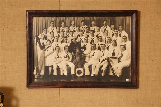 Appraisal: FRAMED LITHOGRAPH A group of sailors with a harp on