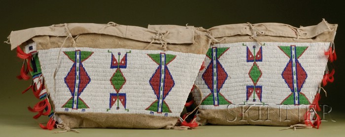 Appraisal: Pair of Central Plains Beaded Hide and Canvas Possible Bags