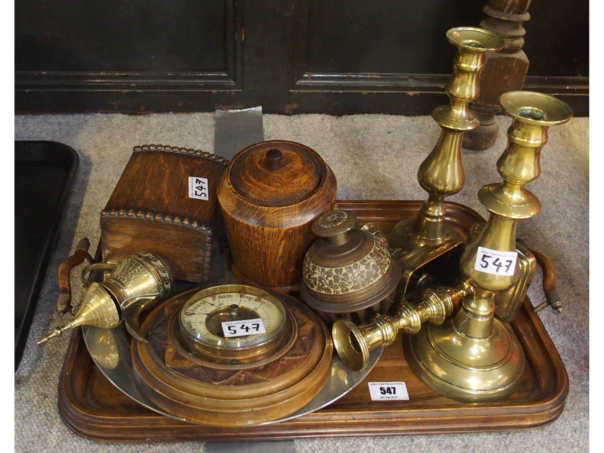 Appraisal: Wooden tray barometer tobacco jar antique pewter plate brass candlesticks