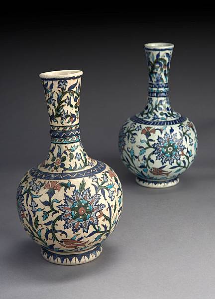 Appraisal: Two Isnik Style Pottery Bottles th century decorated with continuous