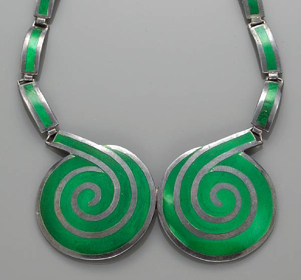 Appraisal: A green enamel necklace Margot de Taxco Mexico of spiral