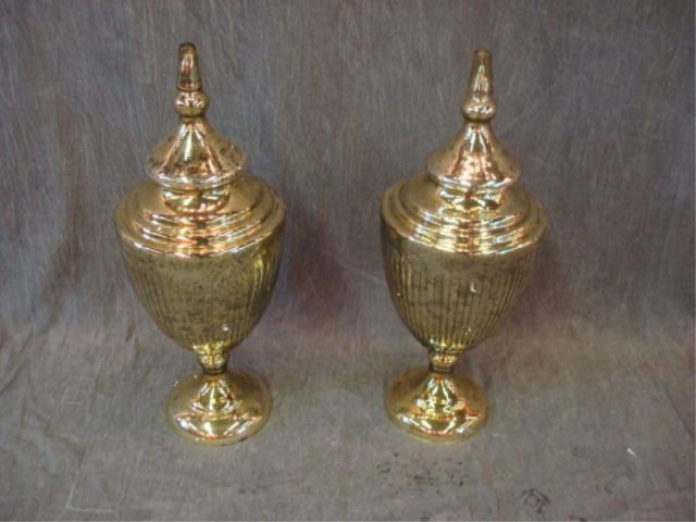 Appraisal: Pair gilt mercury glass urns w lids From a Flushing