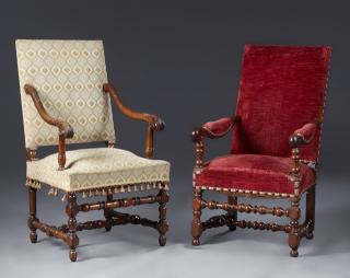 Appraisal: Two French Louis XIII Style Carved Walnut Fauteuil Two French