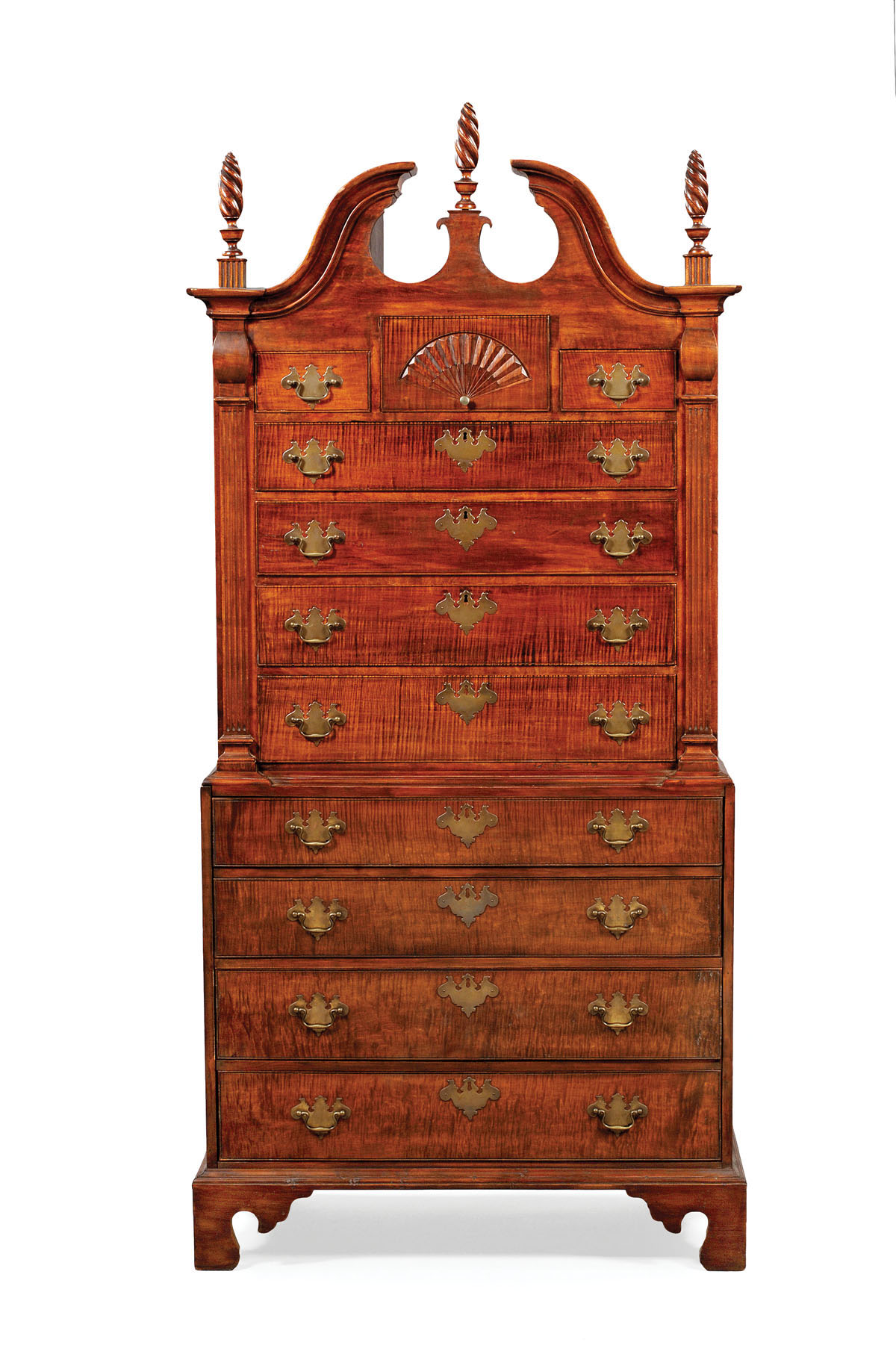 Appraisal: NEW ENGLAND CHIPPENDALE TIGER MAPLE BONNET TOP CHEST ON CHEST