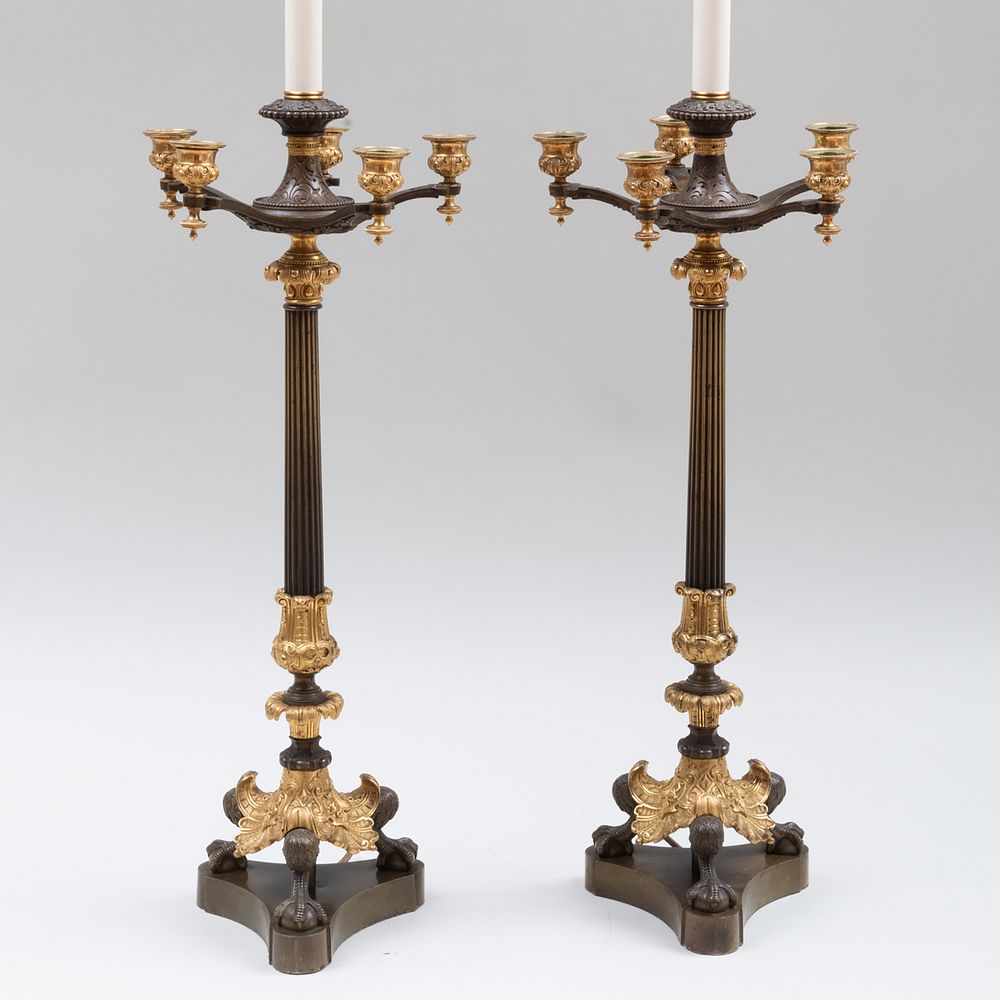 Appraisal: Pair of Empire Style Gilt-and Patinated-Bronze Candelabra Mounted as Lamps