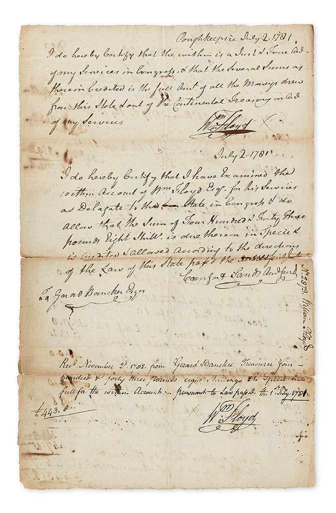 Appraisal: SIGNER AMERICAN REVOLUTION FLOYD WILLIAM Document Signed Wm Floyd twice