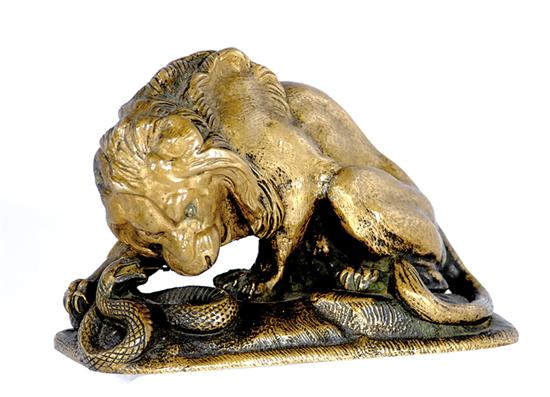 Appraisal: Antoine-Louis Barye after LION KILLING A SERPENT bronze with gold