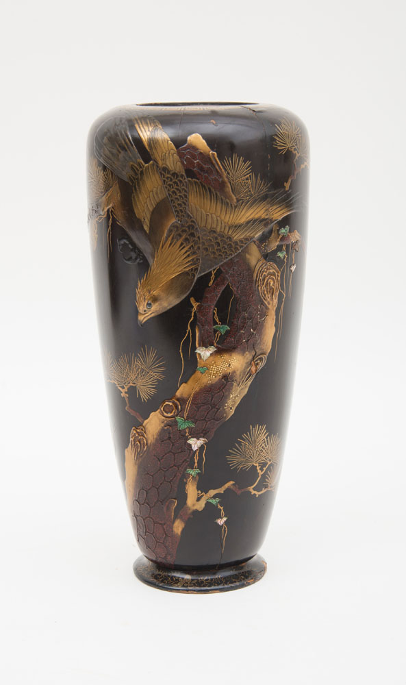 Appraisal: JAPANESE BLACK LACQUER PARCEL-GILT AND ABALONE-INLAID VASE MEIJI PERIOD Of