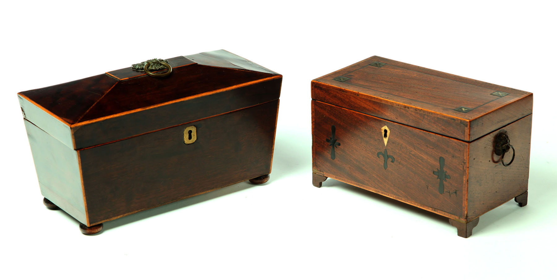 Appraisal: TWO INLAID TEA CADDIES England st half- th century mahogany